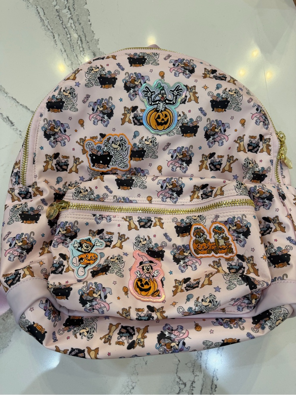 Stoney Clover Lane Pink Halloween Patch Backpack with Gold Zippers & patches